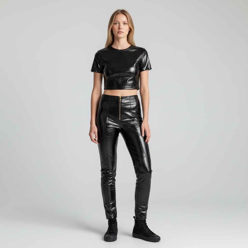 RV LEOA Wet Look Faux Leather High-Waist Woman’s M Black Skinny Pants - Picture 12 of 12